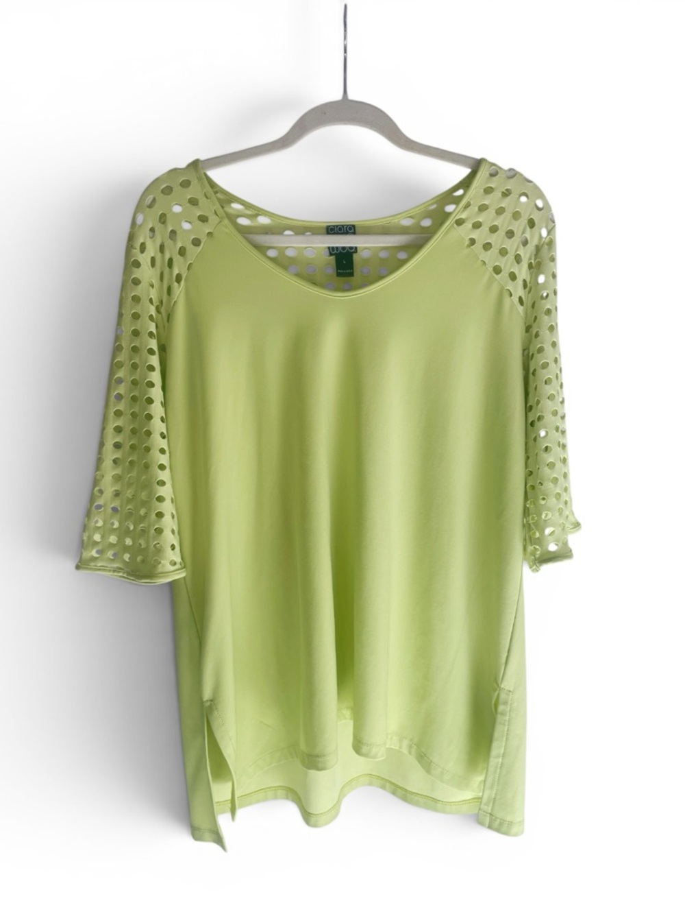 Clara Sun Woo Green Eyelet Sleeve V-Neck Top